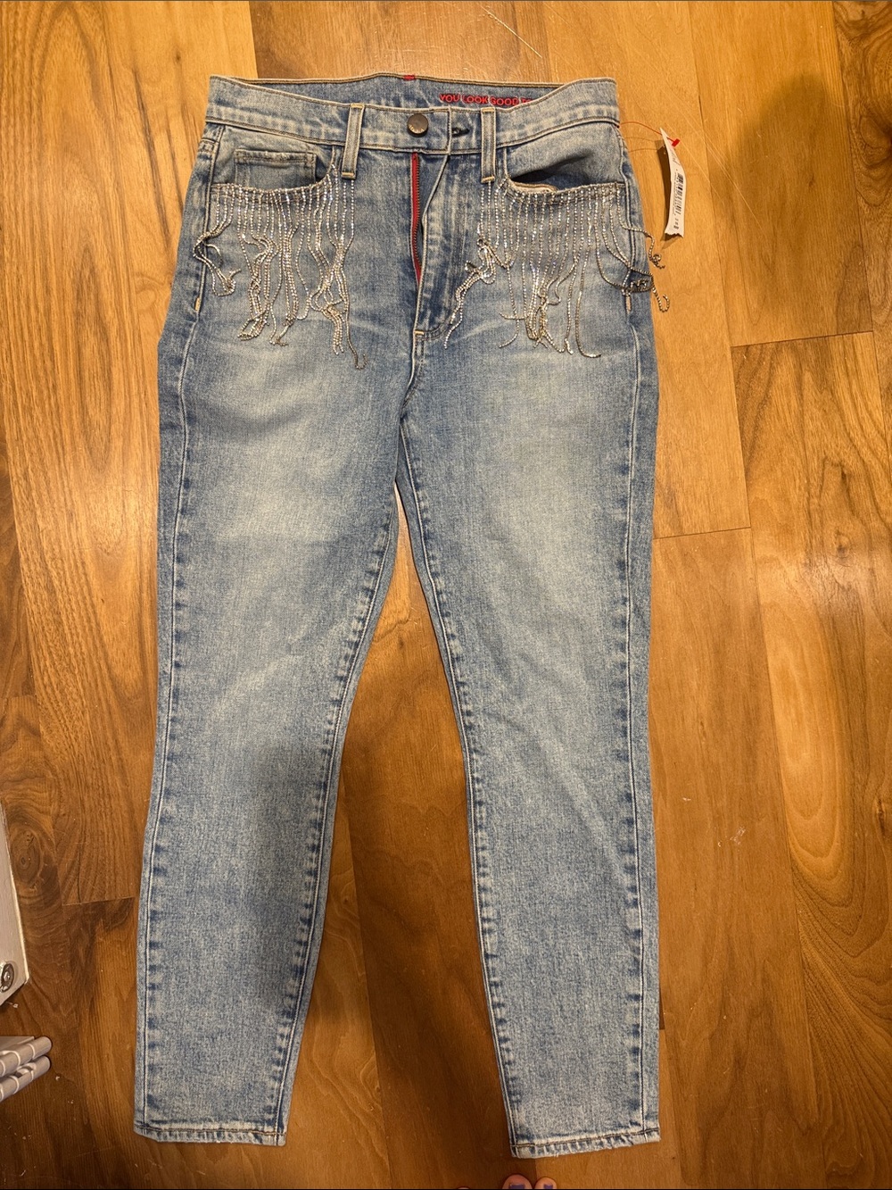 Alice + Olivia Light Wash Jeans with Fringe Beading